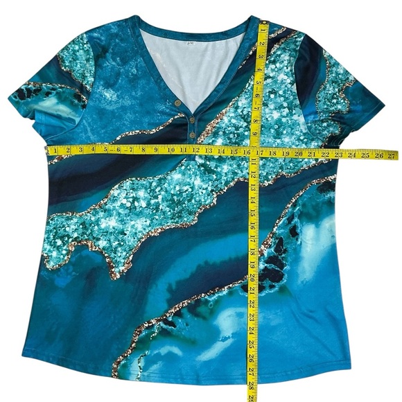 Beach Ocean Blue Top Marbled V Neck Short sleeve Women Turquoise Teal Plus 2XL - Picture 7 of 16
